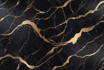 The primary subject of the image is a marble wall with gold accents. The setting is a black and gold marble wall, which serves as the background. The visual style is a close-up of the marble wall, showcasing the intricate patterns and textures. The dominant colors are black and gold, creating a luxurious and elegant atmosphere.
