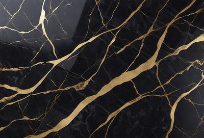The primary subject of the image is a marble countertop with a gold-colored design. The setting is a kitchen, and the visual style is a close-up of the countertop. The colors and mood of the image are predominantly black and gold, creating a luxurious and elegant atmosphere.