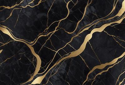 The primary subject of the image is a marble countertop with a gold-colored design. The setting is a kitchen, and the visual style is a close-up of the countertop. The colors and mood of the image are predominantly black and gold, giving it a luxurious and elegant appearance.