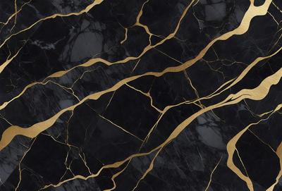The primary subject of the image is a marble countertop with a gold-colored design. The setting is a kitchen, and the visual style is a close-up of the countertop. The colors and mood of the image are predominantly black and gold, giving it a luxurious and elegant appearance.