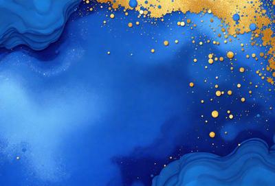 The primary subject of the image is a blue background with gold bubbles floating on it. The setting appears to be a painting or digital artwork, as the gold bubbles are the main focus and the background is a solid blue color. The visual style gives the impression of a modern, artistic piece. The dominant colors are blue and gold, creating a sense of depth and contrast in the image.
