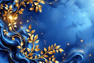 The primary subject of the image is a beautifully drawn leaf with gold accents, set against a blue background. The leaf is the focal point of the image, and it appears to be floating in the air. The visual style of the image is a combination of digital art and illustration, creating a vibrant and lively atmosphere. The colors in the image are predominantly blue and gold, which contribute to the overall mood of the scene.