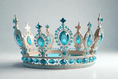 The primary subject of the image is a blue crown with a white base. The crown is adorned with blue and white gems, giving it a royal and elegant appearance. The setting is a white background, which provides a clean and uncluttered look to the crown. The visual style of the image is a combination of digital art and illustration, creating a realistic and detailed representation of the crown. The colors and mood of the image are predominantly blue and white, giving it a calm and sophisticated atmosphere