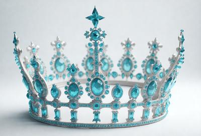 The primary subject of the image is a blue crown with a star on top. The crown is made of silver and blue crystals, giving it a shiny and elegant appearance. The setting is a white background, which provides a clean and uncluttered look to the crown. The visual style is a combination of digital art and illustration, as the crown is depicted in a detailed and realistic manner. The colors and mood of the image are predominantly blue and silver, creating a sense of sophistication and