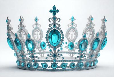 The primary subject of the image is a blue crown with a crystal centerpiece. The crown is adorned with blue gems, giving it a royal and elegant appearance. The setting is a white background, which provides a clean and uncluttered look to the crown. The visual style is a combination of digital art and illustration, creating a realistic and detailed representation of the crown. The colors and mood of the image are predominantly blue, giving it a calm and serene atmosphere.