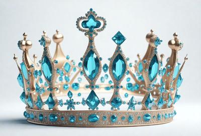 The primary subject of the image is a blue crown with a gold trim. The crown is adorned with blue and white gems, giving it a regal and elegant appearance. The setting is a white background, which provides a clean and uncluttered backdrop for the crown. The visual style of the image is a close-up, allowing the viewer to appreciate the intricate details of the crown. The colors and mood of the image are predominantly blue and white, creating a sense of sophistication and