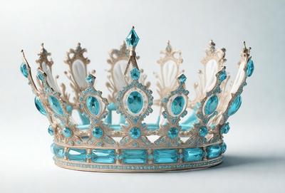 The primary subject of the image is a blue crown with a white base. The crown is adorned with blue and white gems, giving it a luxurious and elegant appearance. The setting is a white background, which provides a clean and uncluttered environment for the crown to stand out. The visual style is a close-up shot of the crown, allowing for a detailed view of its intricate design and the gems that decorate it. The colors and mood of the image are predominantly blue and white,