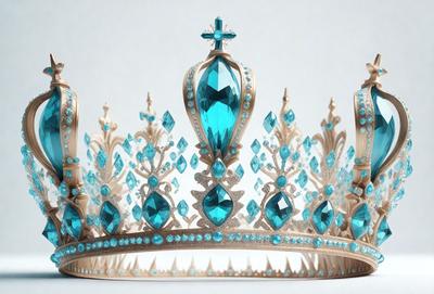 The primary subject of the image is a gold crown with blue gems on it. The crown is placed on a white background, giving it a clean and elegant appearance. The visual style of the image is a close-up of the crown, showcasing its intricate details and the blue gems. The colors and mood of the image are predominantly blue and gold, creating a sense of luxury and sophistication.
