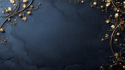 The primary subject of the image is a blue background with gold accents. The setting is a dark, textured surface, possibly a wall or a piece of art. The visual style is a combination of digital art and illustration, creating a unique and intriguing design. The colors and mood of the image are dark and moody, with the gold accents adding a touch of warmth and elegance.