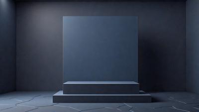 The primary subject of the image is a large, blue, square-shaped object. The setting is a dark room, with the blue object being the main focus. The visual style appears to be a digital art or illustration, as the object is depicted in a detailed and intricate manner. The colors and mood of the image are predominantly dark and moody, with the blue square being the only prominent color.