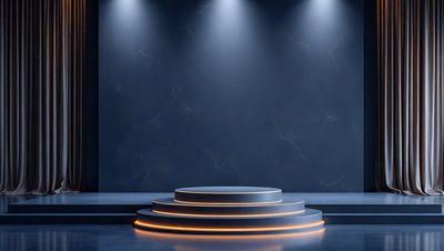 The primary subject of the image is a large, round, white platform with a circle of lights around it. The platform is situated in a dark room, with a marble wall as the backdrop. The visual style of the image is a combination of photo and digital art, creating a unique and striking scene. The colors and mood of the image are predominantly dark, with the bright lights on the platform providing a contrasting element.