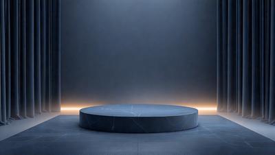 The primary subject of the image is a large, round, blue marble table. The table is placed in a dark room, which creates a moody atmosphere. The setting is a room with a wall, and the visual style appears to be a photo. The colors and mood of the image are predominantly dark, with the blue marble table being the main focal point.
