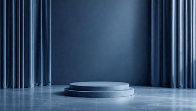 The primary subject of the image is a blue wall with a blue circle on it. The setting is a room with a blue curtain in the background. The visual style is a photo, and the colors and mood are predominantly blue, creating a calm and serene atmosphere.