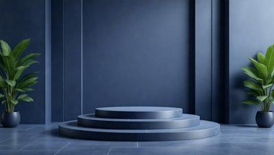 The primary subject of the image is a large, round, black structure. The setting is a room with a blue wall, and the visual style appears to be a photo. The colors and mood of the image are predominantly dark, with the black structure and blue wall creating a moody atmosphere.