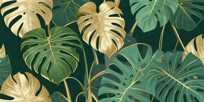 The primary subject of the image is a large green leaf with gold accents, which is the main focus of the scene. The leaf is placed on a green background, creating a vibrant and lush atmosphere. The visual style of the image is a combination of photo and digital art, as it appears to be a close-up of a leaf with a gold texture. The colors and mood of the image are predominantly green and gold, giving it a warm and natural feel.