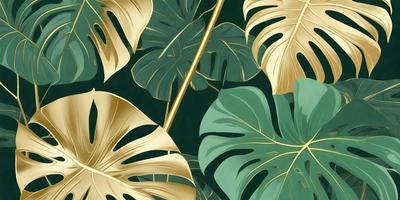 The primary subject of the image is a close-up of a leafy plant with a gold background. The plant is surrounded by other leaves, creating a lush and vibrant scene. The visual style of the image is a combination of a photo and a digital art, giving it a unique and artistic appearance. The colors and mood of the image are predominantly green and natural, with a touch of gold, which adds a sense of warmth and richness to the scene.