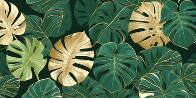 The primary subject of the image is a close-up of a large green leaf with gold accents. The leaf is surrounded by other green leaves, creating a lush and vibrant scene. The visual style of the image is a combination of a photo and digital art, with the leaf and its surroundings appearing to be painted or digitally manipulated. The colors and mood of the image are predominantly green and natural, with the gold accents adding a touch of warmth and sophistication.