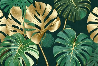 The primary subject of the image is a close-up of a leaf with gold accents. The leaf is part of a green plant, and the gold accents add a touch of elegance to the scene. The setting is a green background, which complements the leaf and the overall atmosphere of the image. The visual style is a combination of a photo and digital art, creating a unique and eye-catching representation of the leaf.