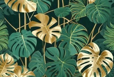 The primary subject of the image is a close-up of a leafy plant with gold accents. The plant is surrounded by a green background, which adds to the natural and vibrant atmosphere of the scene. The visual style of the image is a combination of a photo and digital art, creating a unique and eye-catching representation of the plant. The colors and mood of the image are predominantly green and gold, evoking a sense of warmth and natural beauty.