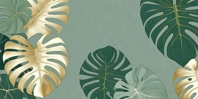 The image features a close-up of a large green leaf, possibly a palm tree, with a gold background. The leaf is the primary subject, and it is displayed prominently in the foreground. The setting is a green background, which complements the leaf's color. The visual style is a combination of a photo and a digital art, creating a unique and eye-catching image. The dominant colors are green and gold, giving the image a warm and natural atmosphere.