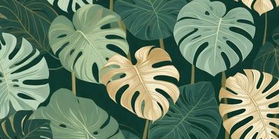 The primary subject of the image is a leaf, which is the main object, scene, or focus of the image. The leaf is situated in a green environment, surrounded by other leaves. The visual style of the image is a painting, which gives it a more artistic and detailed appearance. The dominant colors in the image are green and gold, creating a natural and warm atmosphere.