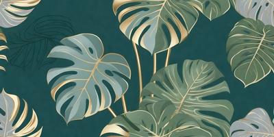 The primary subject of the image is a large green leafy plant with gold accents. The plant is situated in a dark blue background, which adds a contrasting and dramatic effect to the scene. The visual style of the image is a combination of photo and digital art, creating a realistic yet artistic representation of the plant. The colors and mood of the image are predominantly dark and moody, with the blue background and the gold accents adding a touch of warmth and sophistication.