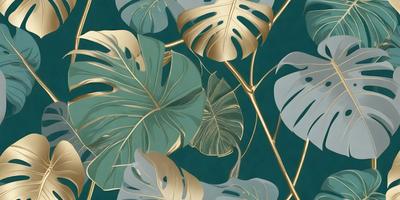 The primary subject of the image is a close-up of a leafy plant with gold accents. The setting is a blue background, which adds a contrasting color to the scene. The visual style is a combination of a photo and digital art, creating a unique and eye-catching image. The dominant colors are blue and gold, giving the image a calm and sophisticated mood.