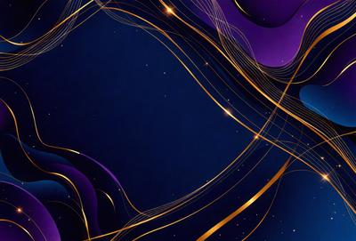 The primary subject of the image is a purple background with a pattern of gold lines and stars. The setting is a dark, starry night, and the visual style is a digital art or illustration. The dominant colors are purple and gold, creating a serene and celestial atmosphere.