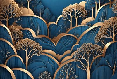 The primary subject of the image is a beautifully illustrated forest scene. The setting is a blue background, which adds a sense of depth and contrast to the artwork. The visual style is a combination of digital art and illustration, creating a rich and detailed environment. The colors and mood of the image are predominantly blue, which gives the scene a calm and serene atmosphere.