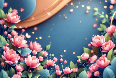 The primary subject of the image is a beautifully drawn floral arrangement featuring pink flowers. The setting is a blue wall, which serves as a striking backdrop for the flowers. The visual style of the image is a combination of digital art and illustration, creating a vibrant and lively atmosphere. The dominant colors in the image are pink and blue, which contribute to a serene and calming mood.