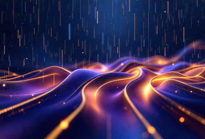 The primary subject of the image is a purple and orange swirl pattern, which appears to be a digital art or illustration. The setting is a dark, cloudy sky, with rain falling. The visual style gives the impression of a futuristic or abstract design. The dominant colors are purple and orange, creating a vibrant and dynamic atmosphere.