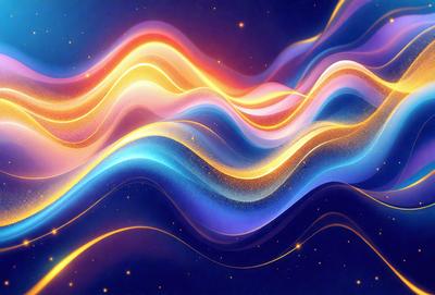 The primary subject of the image is a colorful, swirling pattern that resembles a wave or a flowing river. The setting is a dark blue background, which contrasts with the vibrant colors of the pattern. The visual style is a combination of digital art and illustration, creating a dynamic and eye-catching design. The dominant colors are blue, purple, and yellow, which contribute to a calming and soothing atmosphere.