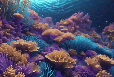 The image features a vibrant underwater scene with a variety of purple and blue coral reefs. The coral reefs are spread throughout the scene, creating a lively and colorful environment. The primary subject of the image is the coral reefs, which are the main focus of the image. The setting is underwater, with the coral reefs being the primary background. The visual style of the image is a combination of photo and digital art, creating a realistic yet artistic representation of