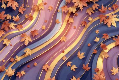 The primary subject of the image is a colorful, swirling pattern of leaves, which creates a vibrant and dynamic visual effect. The setting is a background of a purple and blue color scheme, which adds to the overall atmosphere of the image. The visual style is a combination of digital art and illustration, showcasing the intricate details of the leaves and their arrangement. The colors and mood of the image are predominantly purple, blue, and gold, giving it a warm and inviting feel.