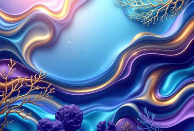 The primary subject of the image is a vibrant, colorful, and abstract artwork featuring a mix of blue, purple, and gold colors. The setting is a blue and purple ocean, with a backdrop of a starry night sky. The visual style is a combination of digital art and illustration, creating a unique and captivating scene. The colors and mood of the image are lively, energetic, and inspiring, evoking a sense of wonder and creativity.