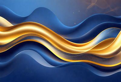 The primary subject of the image is a blue and yellow wave, which is the main focus of the scene. The setting is a blue background, and the visual style appears to be a digital art or illustration. The dominant colors are blue and yellow, creating a vibrant and lively atmosphere.