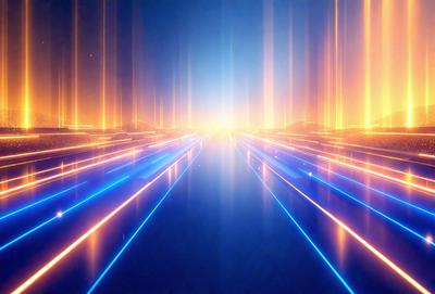 The primary subject of the image is a long, blue road with a yellow sky in the background. The setting appears to be a futuristic cityscape, with the road stretching out into the distance. The visual style of the image is a combination of photo and digital art, creating a unique and captivating atmosphere. The dominant colors in the image are blue and yellow, which contribute to the futuristic and vibrant mood of the scene.