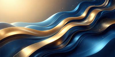 The primary subject of the image is a blue and gold wave, which is the main focus of the scene. The setting is a blue background, and the visual style is a digital art or illustration. The dominant colors are blue and gold, creating a serene and calming atmosphere.
