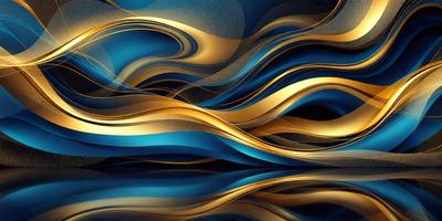 The primary subject of the image is a blue and gold ocean wave. The setting is a blue ocean, and the visual style is a digital art or illustration. The dominant colors are blue and gold, creating a serene and calming atmosphere.