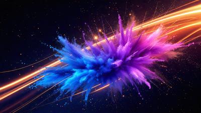 The primary subject of the image is a purple and blue explosion, which appears to be a digital art or illustration. The setting is a dark, starry background, creating a dramatic and intense atmosphere. The visual style is artistic and creative, with the explosion being the main focus of the image. The colors and mood convey a sense of energy and power, as the explosion bursts into the night sky.