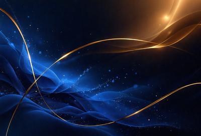 The primary subject of the image is a blue and gold swirl pattern. The setting is a dark background, which contrasts with the swirl pattern. The visual style is a digital art or illustration, creating a vibrant and dynamic atmosphere. The dominant colors are blue and gold, with the blue swirl pattern and the gold accents creating a sense of depth and movement.