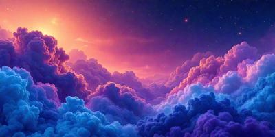 The primary subject of the image is a beautifully painted cloudy sky with a purple and blue hue. The setting is a nighttime scene with a dark background, creating a dramatic and serene atmosphere. The visual style is a digital art or illustration, showcasing the artist's skill in capturing the clouds and their vibrant colors. The colors and mood of the image evoke a sense of tranquility and wonder, as the viewer is drawn into the vast and enchanting world of the
