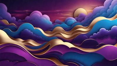 The primary subject of the image is a painting of a purple sky with clouds and a sunset. The setting is a cloudy sky, and the visual style is a digital art or illustration. The dominant colors are purple and gold, creating a serene and calming atmosphere.