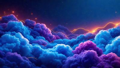 The primary subject of the image is a vibrant and colorful cloud formation. The setting is a night sky, with the cloud formation as the main focus. The visual style is a digital art or illustration, creating a lively and dynamic atmosphere. The dominant colors are purple, blue, and pink, giving the scene a sense of wonder and beauty.