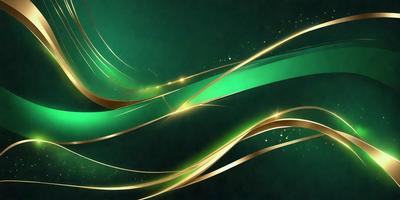 The primary subject of the image is a green and gold swirl pattern. The setting is a dark background, which contrasts with the vibrant colors of the swirl pattern. The visual style is a digital art or illustration, creating a dynamic and eye-catching design. The colors and mood of the image are lively and energetic, with the green and gold hues evoking a sense of movement and flow.