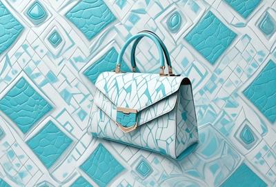 The primary subject of the image is a white and blue handbag. The handbag is placed on a blue and white patterned surface, which could be a wallpaper or a fabric. The visual style of the image is a close-up of the handbag, showcasing its details and colors. The overall atmosphere of the image is vibrant and colorful, with the blue and white patterned surface adding a lively touch to the scene.