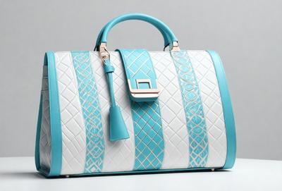 The primary subject of the image is a blue and white handbag. The handbag is placed on a white surface, which serves as the background. The visual style of the image is a photo, capturing the details of the handbag. The colors and mood of the image are predominantly blue and white, giving it a clean and elegant appearance.