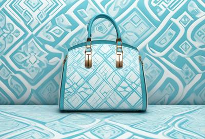 The primary subject of the image is a blue and white handbag. The handbag is placed on a blue and white patterned surface, which adds a vibrant and colorful touch to the scene. The visual style of the image is a combination of photo and digital art, creating a unique and eye-catching presentation. The colors and mood of the image are predominantly blue and white, giving it a clean and fresh appearance.