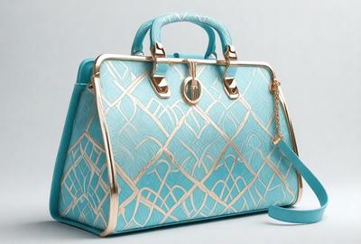 The primary subject of the image is a blue and white handbag. The handbag is placed on a white background, which creates a clean and minimalist appearance. The visual style of the image is a close-up of the handbag, showcasing its intricate design and details. The colors and mood of the image are predominantly blue and white, giving it a calm and sophisticated feel.