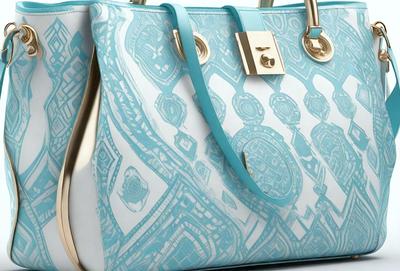 The primary subject of the image is a white and blue handbag with a gold zipper. The handbag is placed on a white surface, which creates a clean and minimalist background. The visual style of the image is a combination of photo and digital art, as it features a detailed and intricate design on the handbag. The colors and mood of the image are predominantly white and blue, giving it a calm and sophisticated appearance.